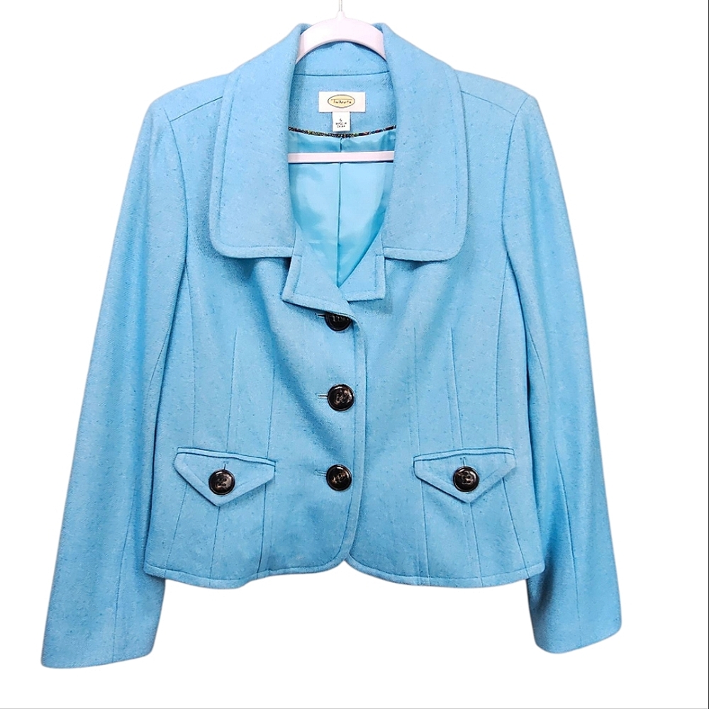 Talbots Wool Blend Mid Century Blue Fitted Women's Blazer Jacket